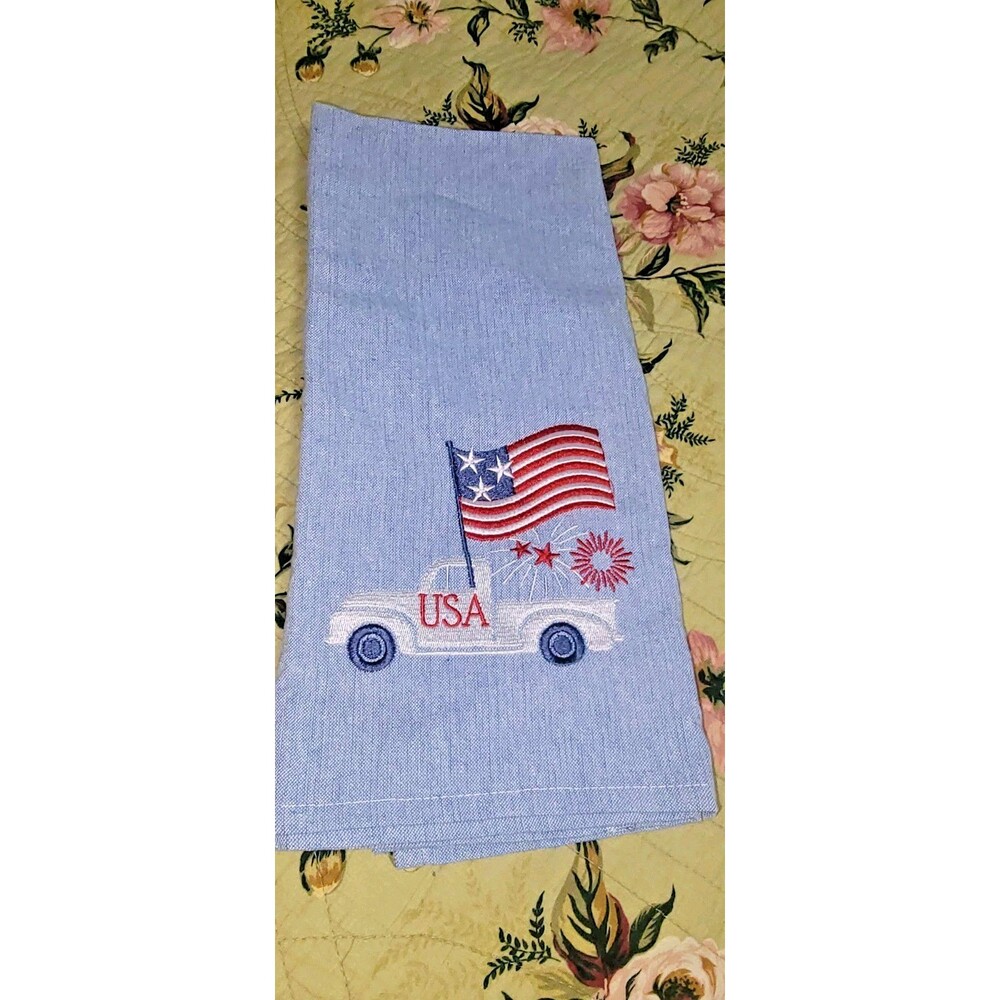 PATRIOTIC JULY 4TH Premium Embroidered Kitchen Tea Towel New! FORD truck US Flag